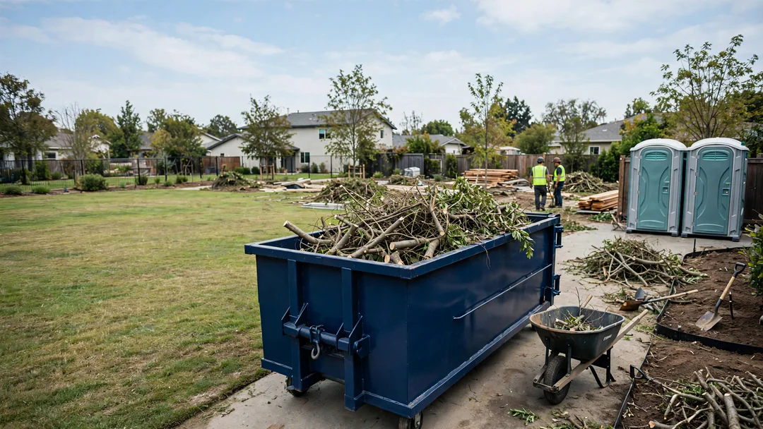 Roll-off dumpster with branches and brush during a yard renovation